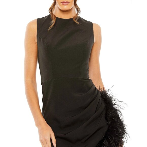 Mac Duggal Black Sleeveless Faux Wrap Dress Feather Trim Size 6 11626 NWT - Picture 2 of 5